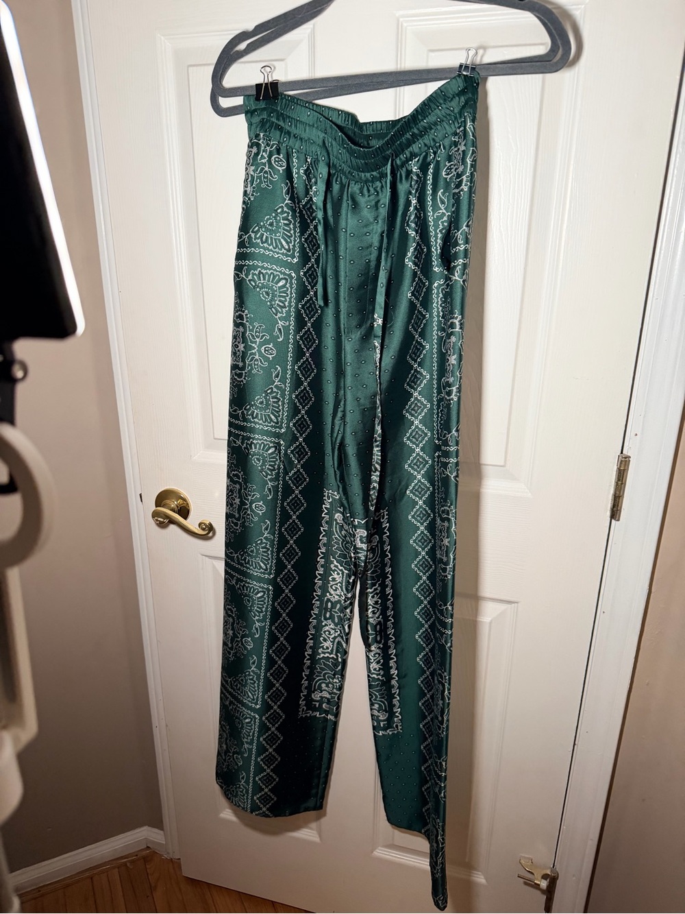 Zara Dark Green Printed Satin Wide-Leg Pants